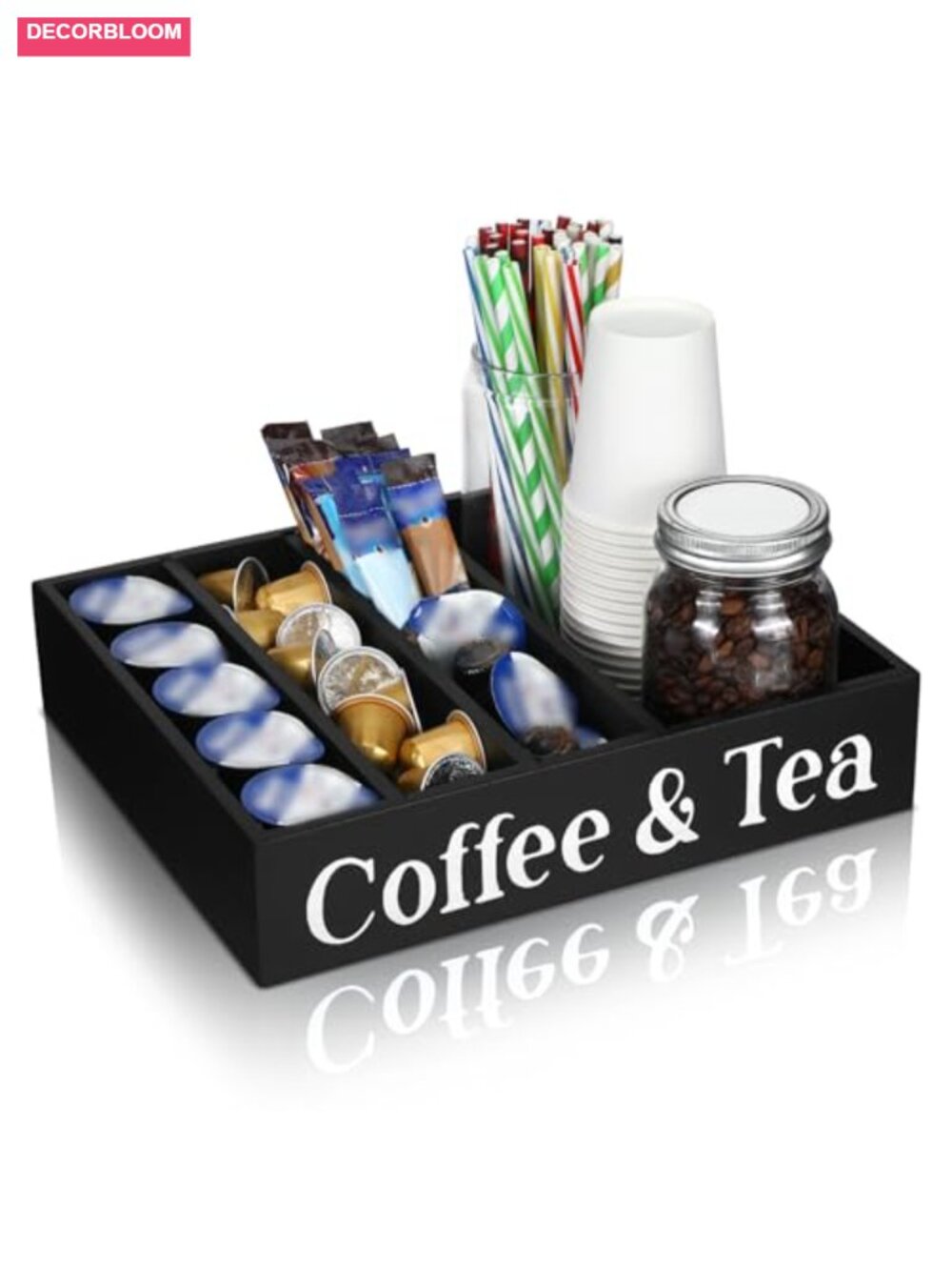 Wooden Coffee Station Organizer with 5 Compartments for Countertop, Tea Bag